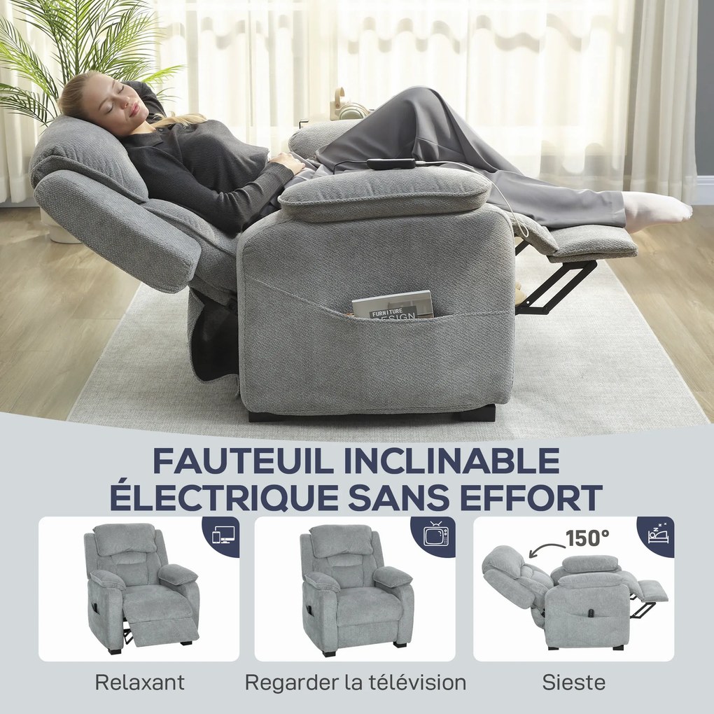 Poltrona relax elétrica, reclinável, com porta USB, apoio para os pés, bolsos laterais e comando à distância – 86 x 90 x 103 cm, cinzento claro