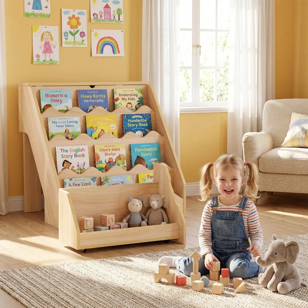 Estante de madeira para crianças 63 x 49 x 61,5 cm com 4 níveis, prateleiras abertas, gaveta com rodízios e caixa com tampa, em tom de madeira natural