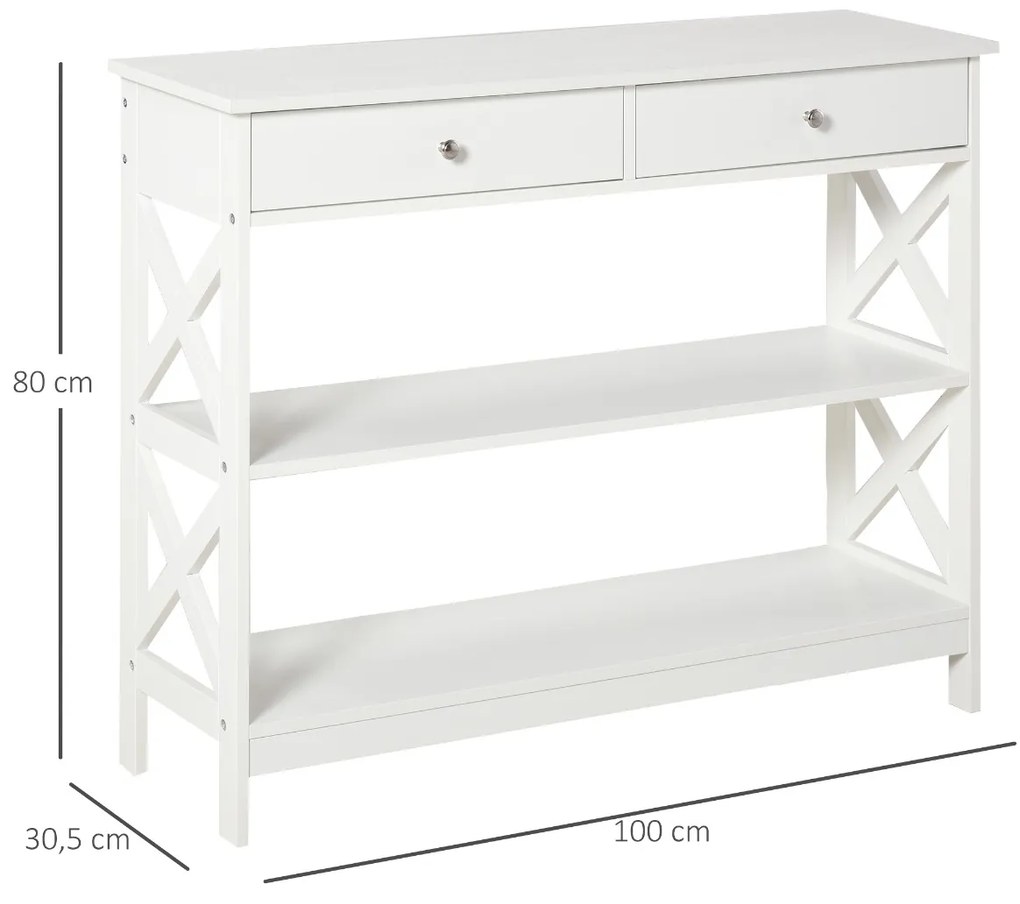 Mesa de console para Corredor com 2 gavetas e 2 prateleiras inferiores Móveis modernos 100x30.5x80 cm Branco