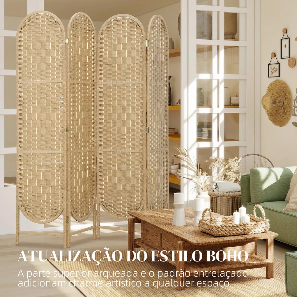 Biombo Separador de 4 Painéis 160x170 cm Painel de Privacidade Dobrável Boémio com Topo Arqueado Entrançado à Mão Madeira