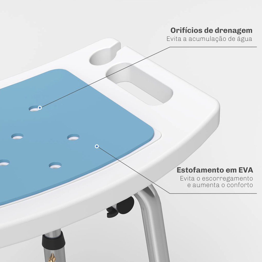 Cadeira de Duche para Idosos com Encosto e Altura Ajustável em 6 Níveis, Carga Máxima de 136 kg Azul Claro e Branco