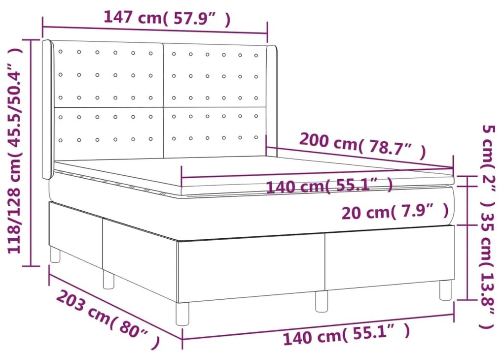 Cama box spring c/ colchão e LED 140x200 cm tecido cinza-escuro