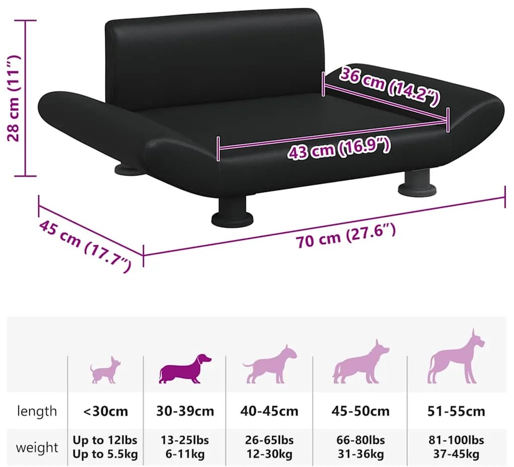Cama para cães 70x45x28 cm couro artificial preto