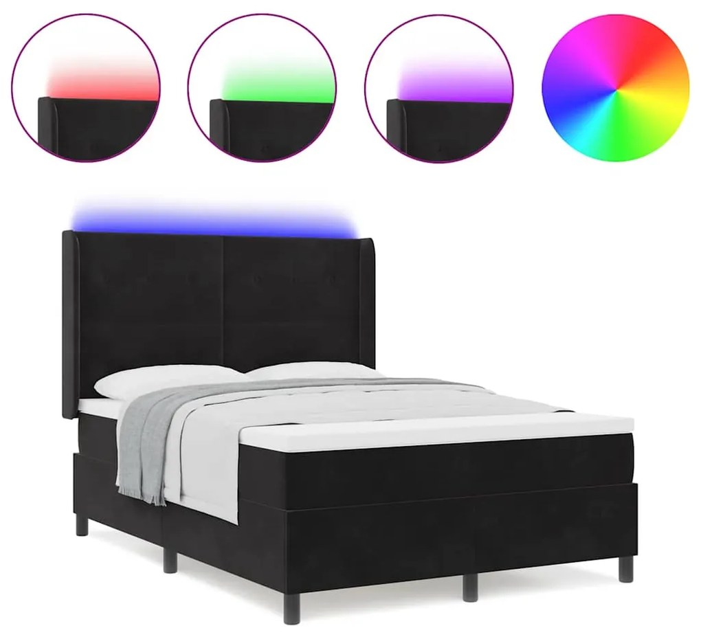 Cama Box Spring com Colchão &amp; LED Preto 140x190 cm Veludo