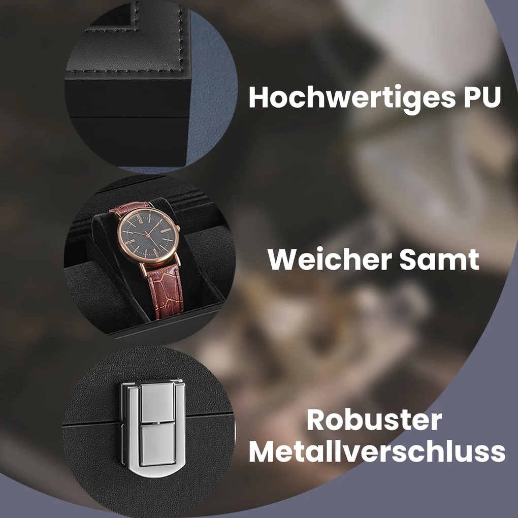 Caixa para relógios 20,2 x 25,5 x 7,8 cm com 6 compartimentos com tampa de vidro capa em preto + forro aveludado em cinzento