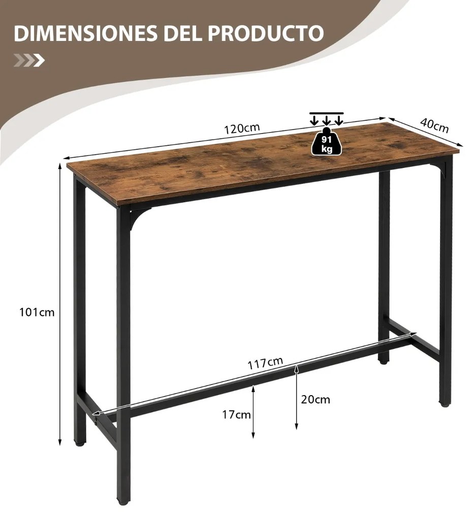Mesa de bar industrial para pequenos espaços 120 x 40 x 101 cm Castanho rústico