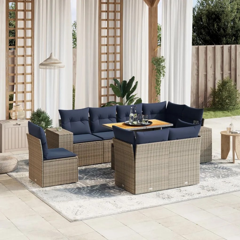 vidaXL 9 pcs conjunto sofás p/ jardim c/ almofadões vime PE cinzento