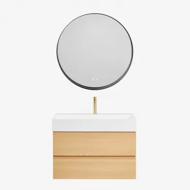 Conjunto De Móvel De Casa De Banho Suspenso Em Madeira E Folha De Freixo Com Lavatório Integrado Ona Madeira Natural & Redondo - Sklum