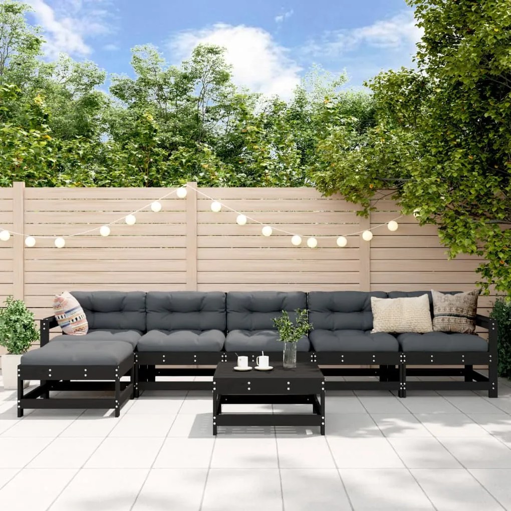 vidaXL 7 pcs conjunto lounge jardim c/ almofadões madeira maciça preto