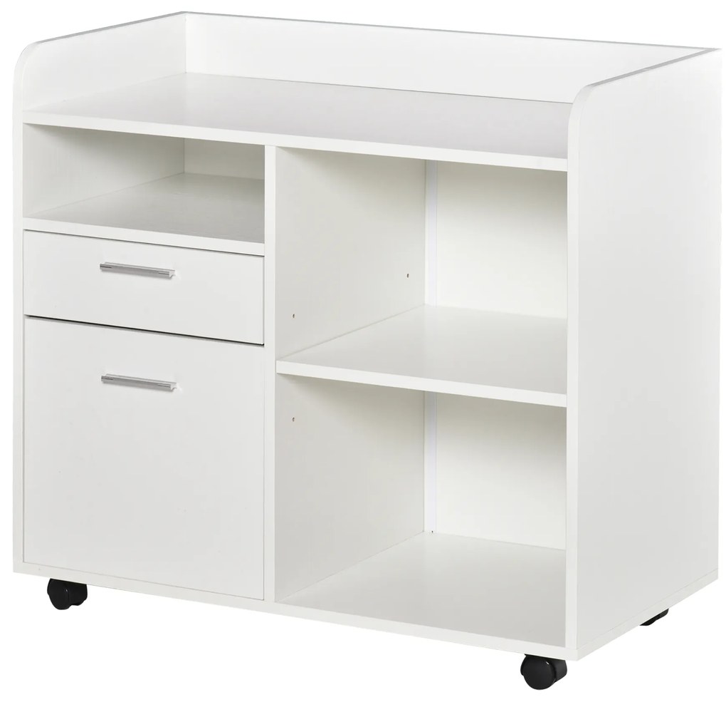 Armário para Impressora com 3 Compartimentos 2 Gavetas para Arquivos Prateleira 2 Rodas com Freios 80x40x72 cm Branco
