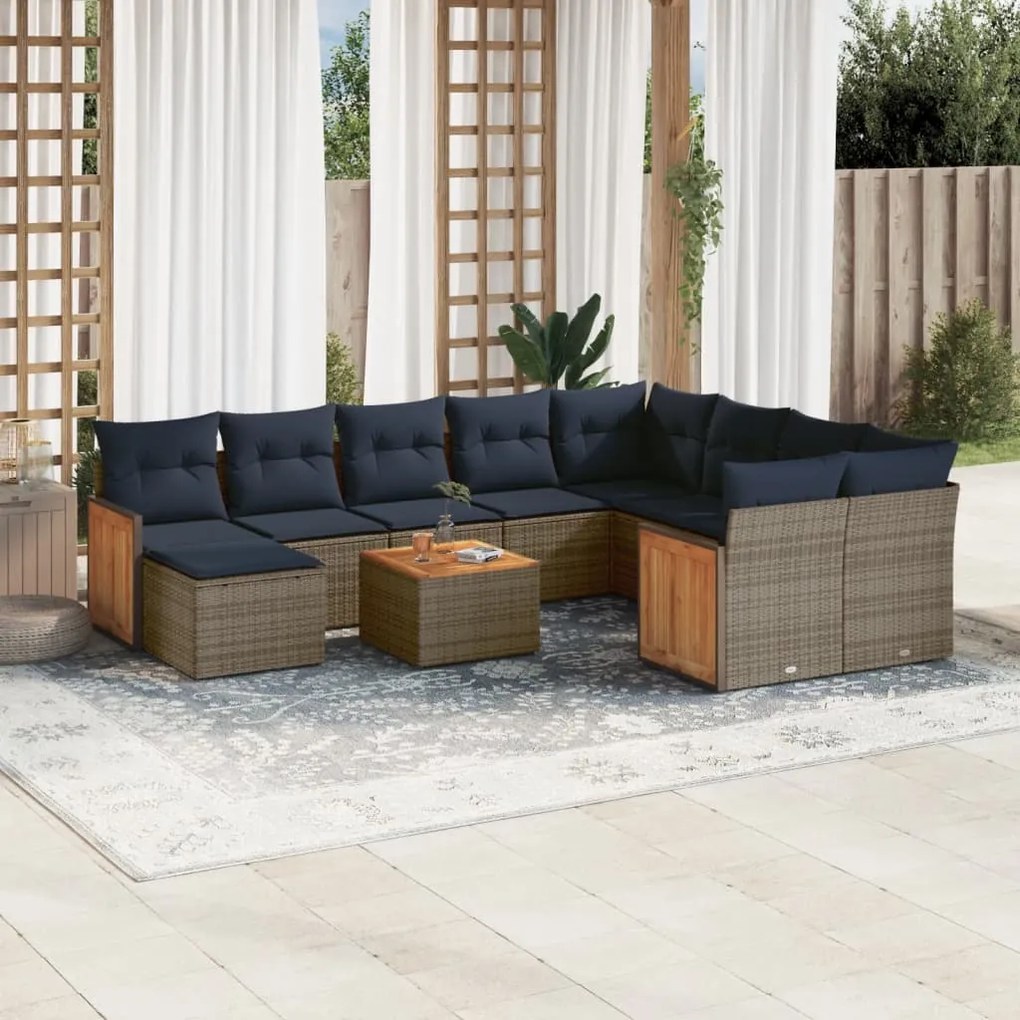 vidaXL 11 pcs conjunto sofás de jardim c/ almofadões vime PE cinzento