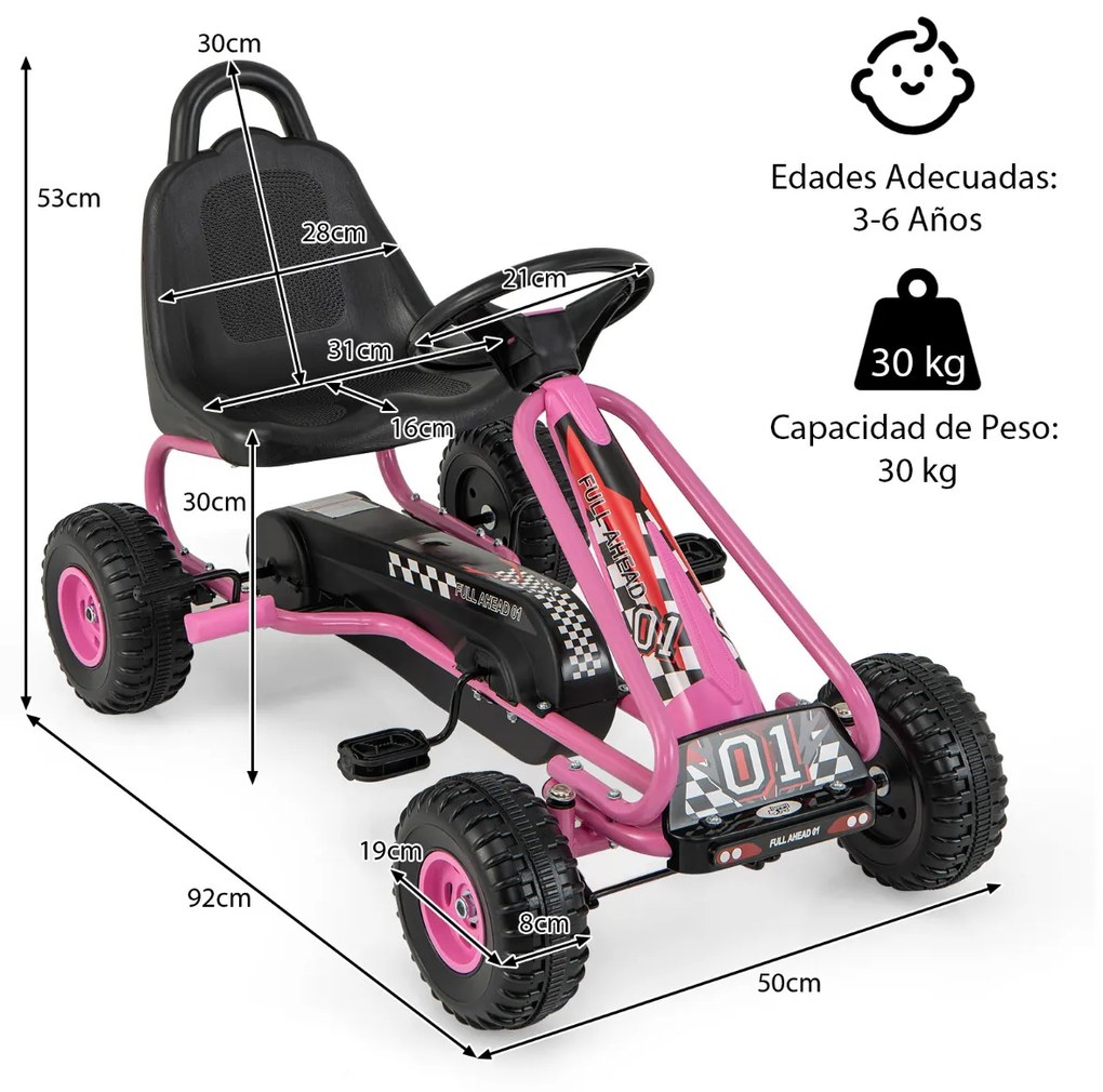 Kart a pedais para crianças com 4 rodas antiderrapantes Assento envolvente e travão de mão 92 x 50 x 53 cm Rosa