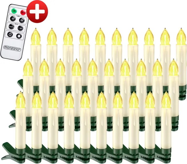 Conjunto de 30 velas LED para árvore de Natal com controlo remoto Ø1,5 x 10,5 cm Creme (Vela) + Verde (Fixação) + Branco quente (Luz)