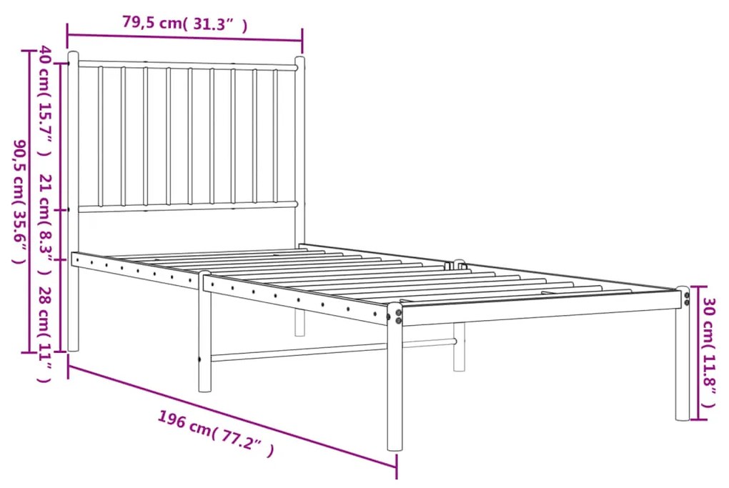 Estrutura de cama com cabeceira 75x190 cm metal branco