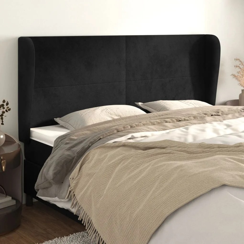 Cabeceira de cama c/ abas veludo 183x23x118/128 cm preto