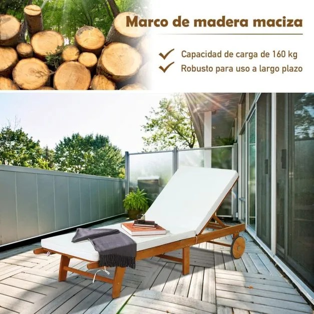 Espreguiçadeira dobrável para jardim em madeira ergonómica com encosto ajustável em 6 posições, almofada removível, rodas, carga 160 kg