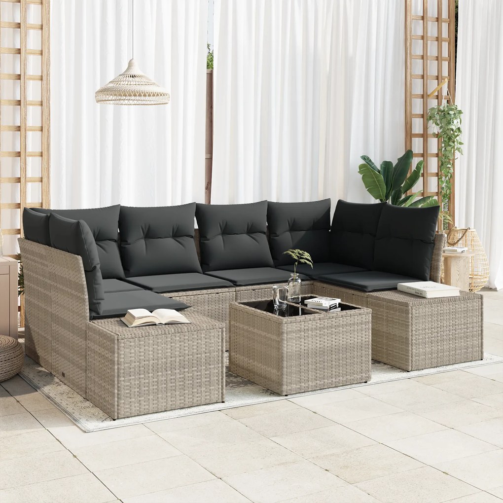 Conjunto de Sofás de Jardim de 7 peças com Almofadas Cinzento-Claro Po
