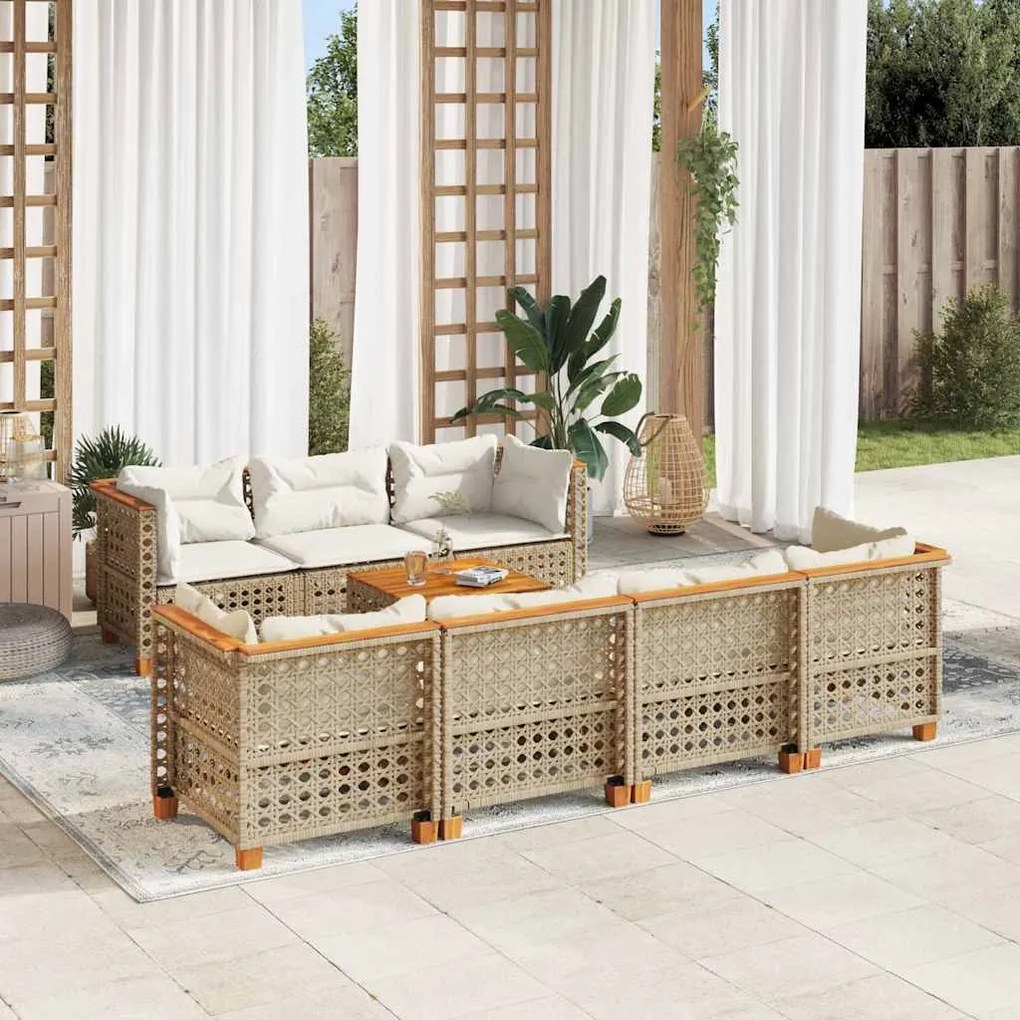 8 pcs conjunto de sofás p/ jardim com almofadões vime PE bege
