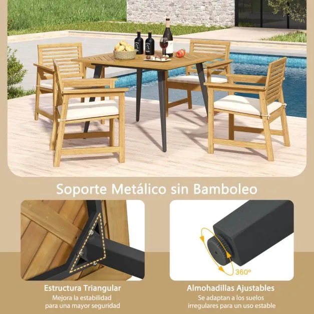 Mesa de jardim com orifício para guarda-sol em madeira de acacia para 4 pessoas
