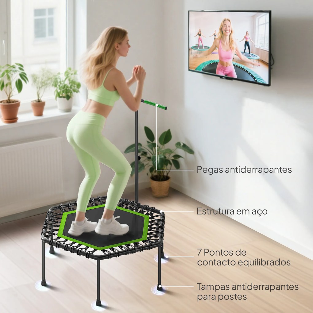 Trampolim Fitness 114x114x132 cm com Guiador Ajustável em 3 Níveis Estrutura de Aço para Treino de Perna Corpo Verde