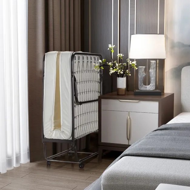 Cama dobrável com colchão de espuma viscoelástica Estrutura metálica 4 rodas Cama individual portátil