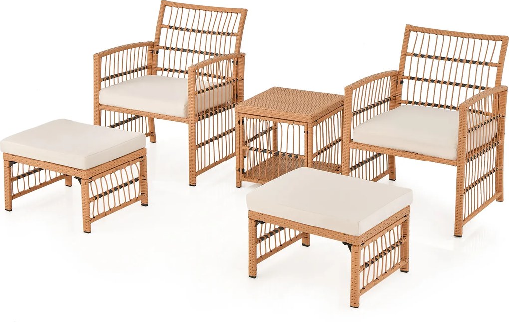 Conjunto de jardim exterior de 5 peças: mesa e cadeiras de rattan PE com almofadas macias, mesa de centro de 2 níveis e 2 Pufes, cor natural e almofad