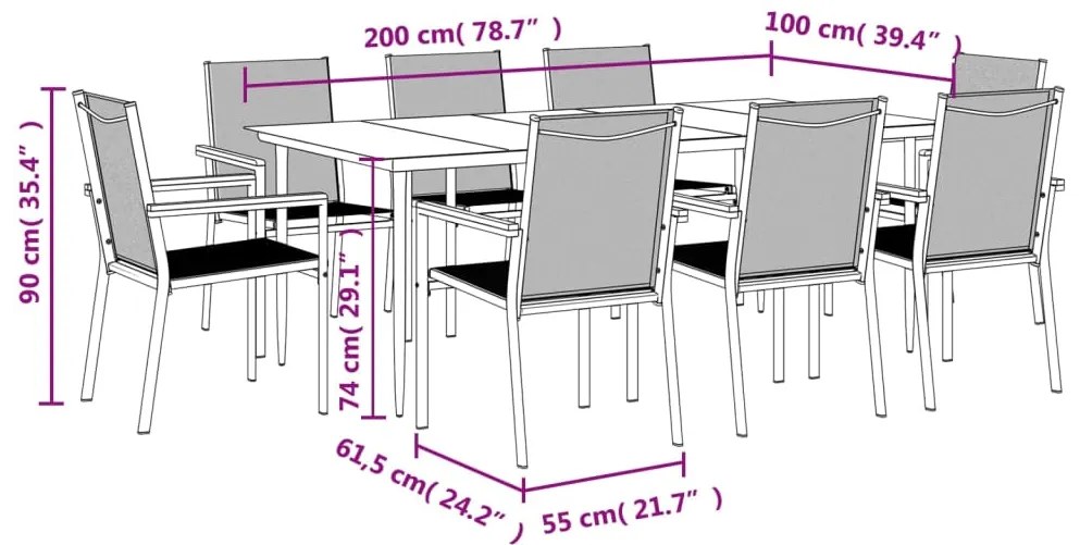9 pcs conjunto de jantar para jardim textilene e aço preto