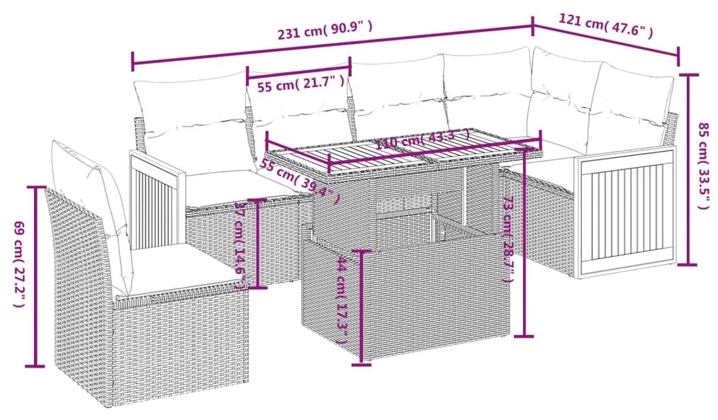 7 pcs conjunto de sofás p/ jardim c/ almofadões vime PE preto