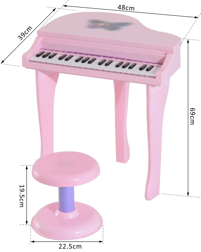 Piano infantil 37 Teclas com Microfone Banquinho Luzes e 22 Canções USB/MP3