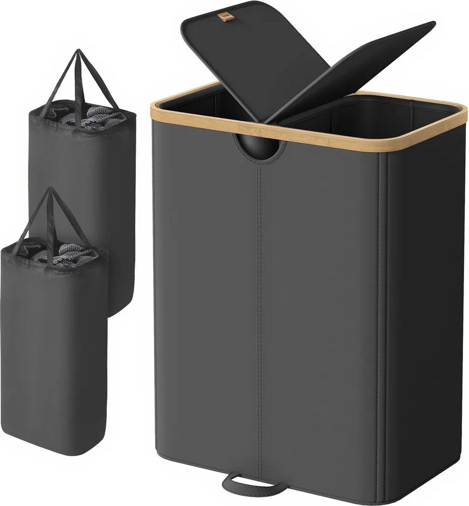 Cesto para roupa suja com 2 compartimentos 52 x 38,5 x 75 cm, sacos para roupa suja removíveis com tampa preto