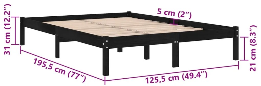 Estrutura cama pequena casal 120x190 cm pinho maciço preto