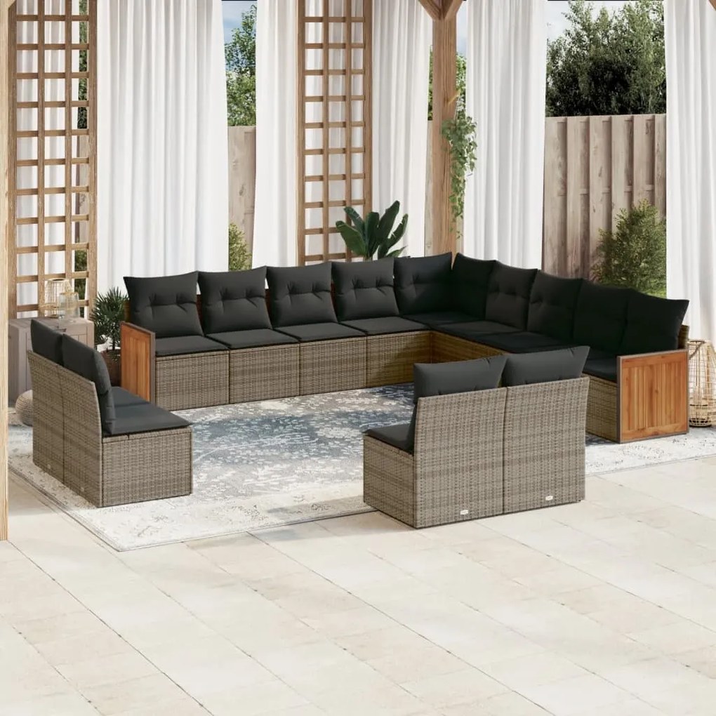 13 pcs conjunto sofás p/ jardim c/ almofadões vime PE cinzento