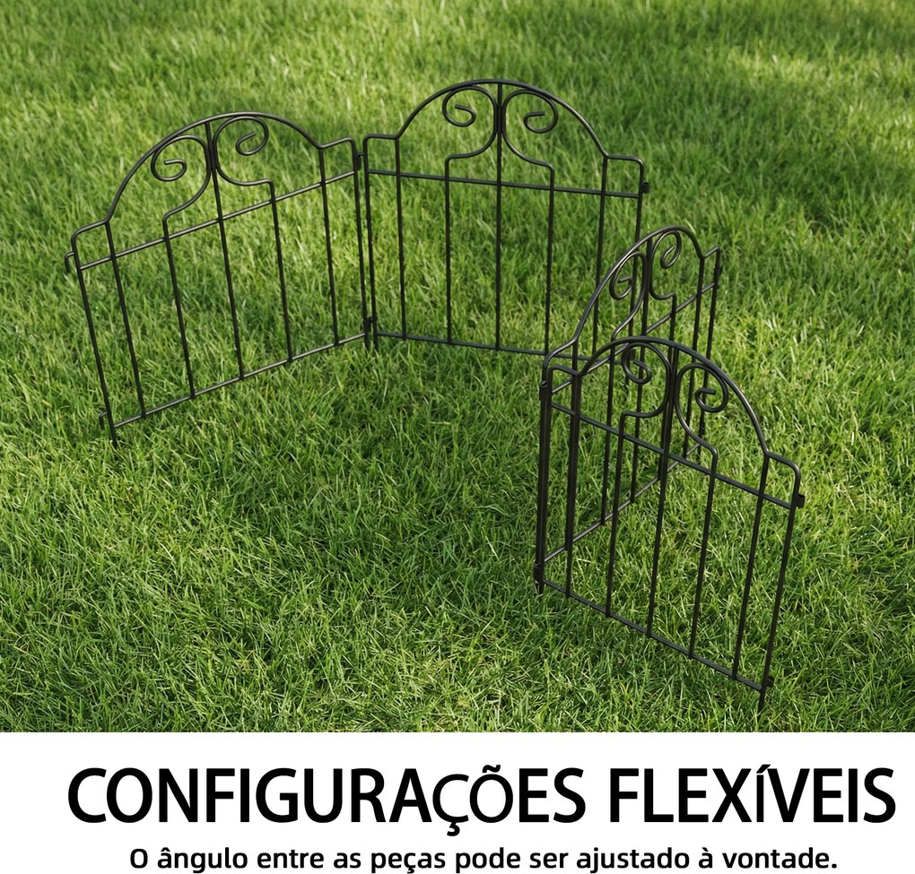 Conjunto de 4 Cercas de Jardim Metálicas 125x57 cm com Design Arqueado Resistente e Fácil de Instalar para Pátio Relva Preto