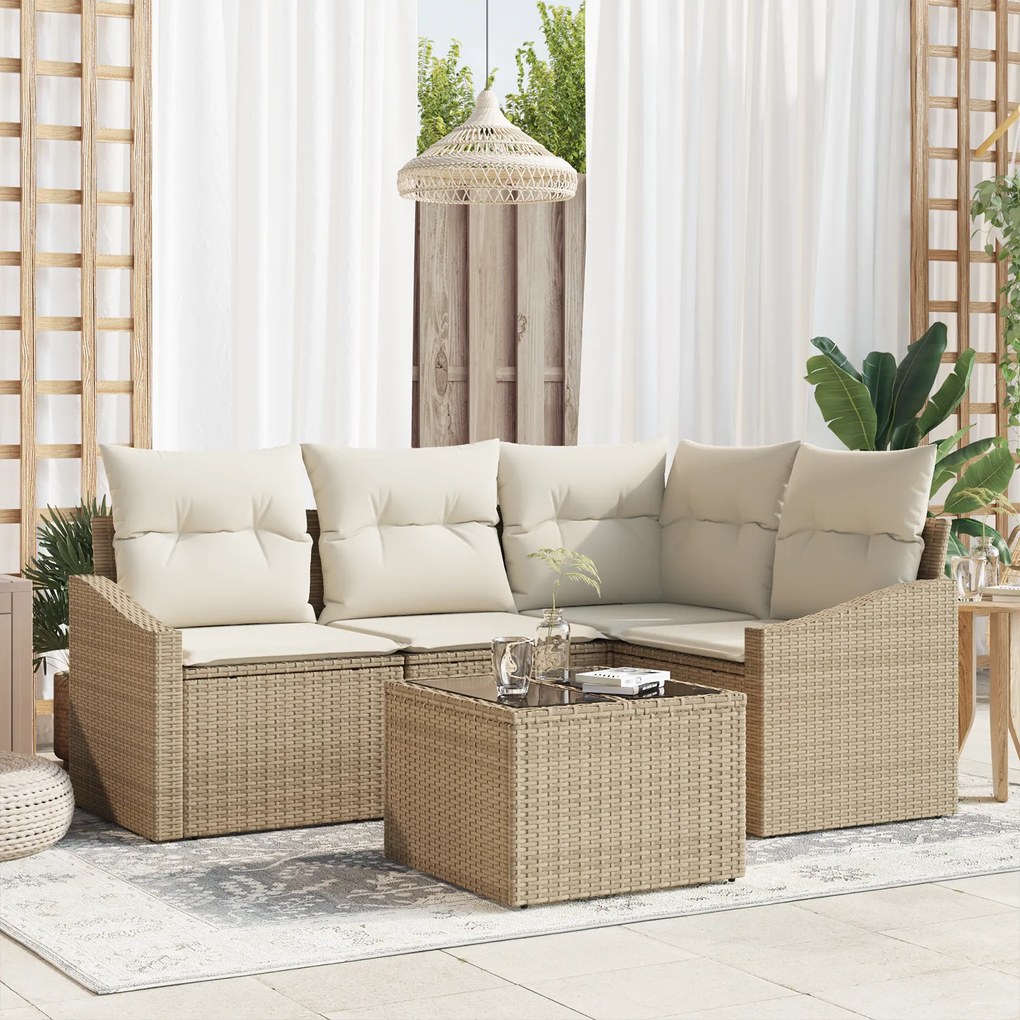 vidaXL Conjunto de Sofá de Jardim de 5 Peças com Almofadas Marrom de Vime Poliéster