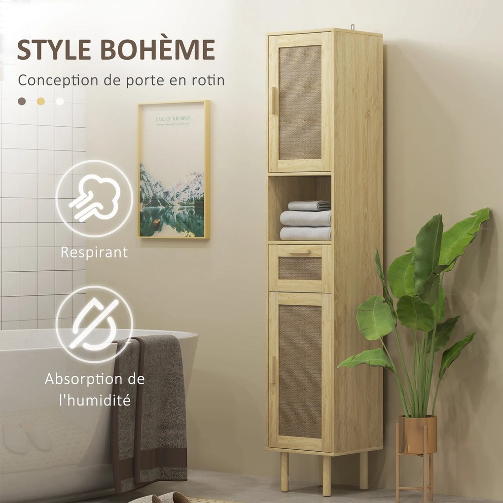 Móvel de casa de banho 32 x 30 x 170 cm com coluna de arrumação, portas em rattan, gaveta e 2 armários, cor em carvalho