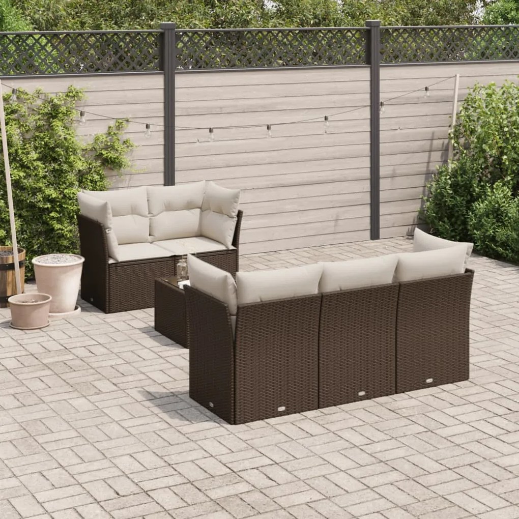 6 pcs conjunto de sofás jardim c/ almofadões vime PE castanho