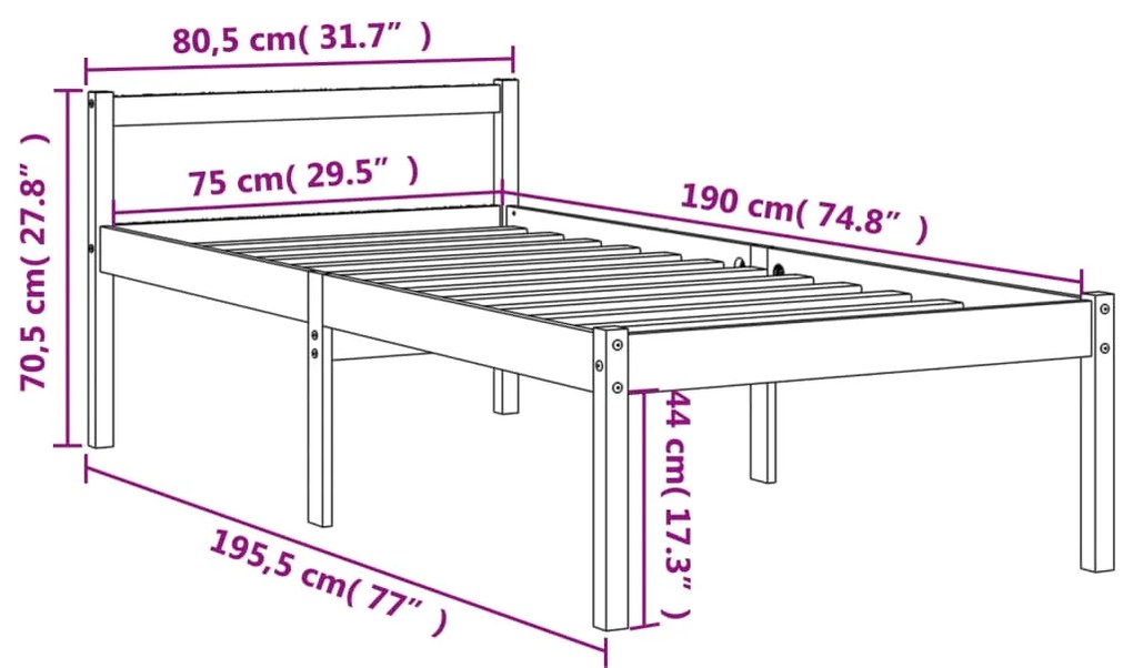 Cama para idosos 75x190 cm madeira pinho maciça castanho cera