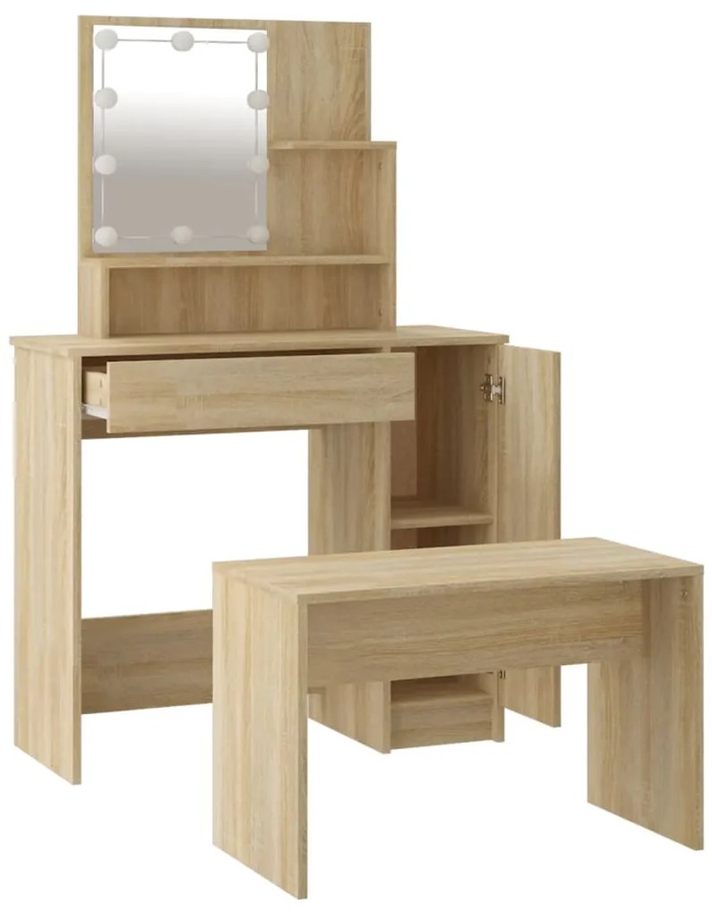Conjunto toucador c/ LEDs madeira processada carvalho sonoma