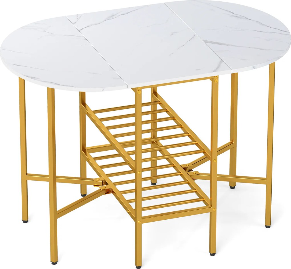 Mesa de jantar extensível e dobrável com 2 extensões rebatíveis 110 x 70 x 76 cm, 2 prateleiras de arrumação e Estrutura metálica para espaços pequeno