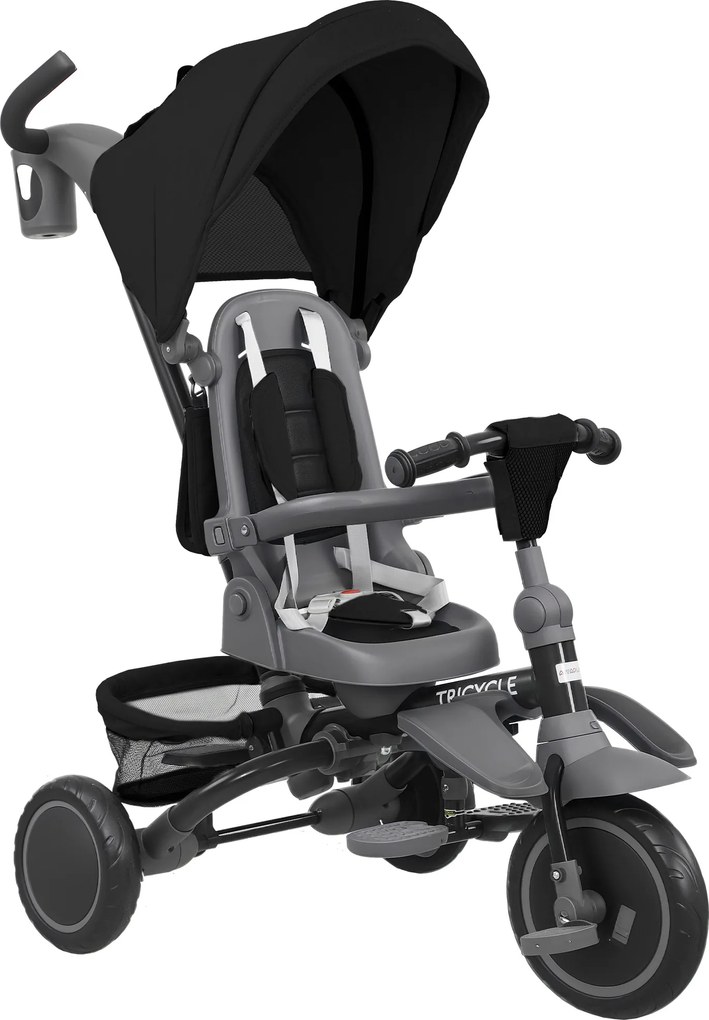 AIYAPLAY Triciclo Evolutivo 6 em 1 Dobrável com Assento Giratório de 360° Mango Parental Encosto Reclinável Toldo 111,5x52x98 cm Preto | Aosom Portugal