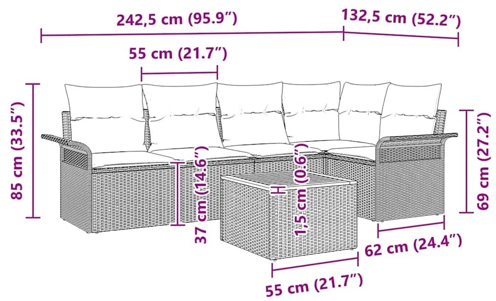 Conjunto de Sofá de Jardim 6 Peças com Almofadas Pretas em Rattan de P
