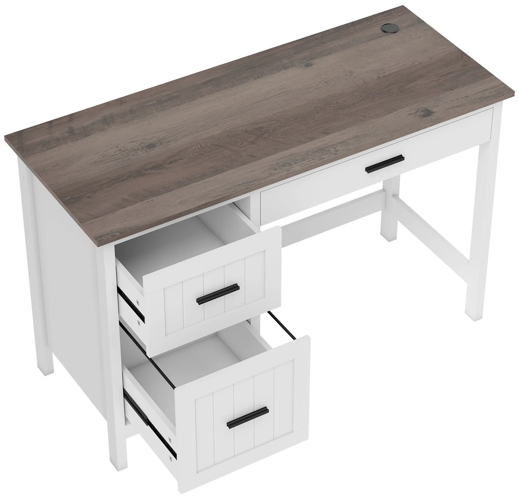 HOMCOM Secretária Rústica com 3 Gavetas e Bancada com Efeito Madeira Mesa para Computador para Estudo Escritório 120x50x76,2 cm Branco