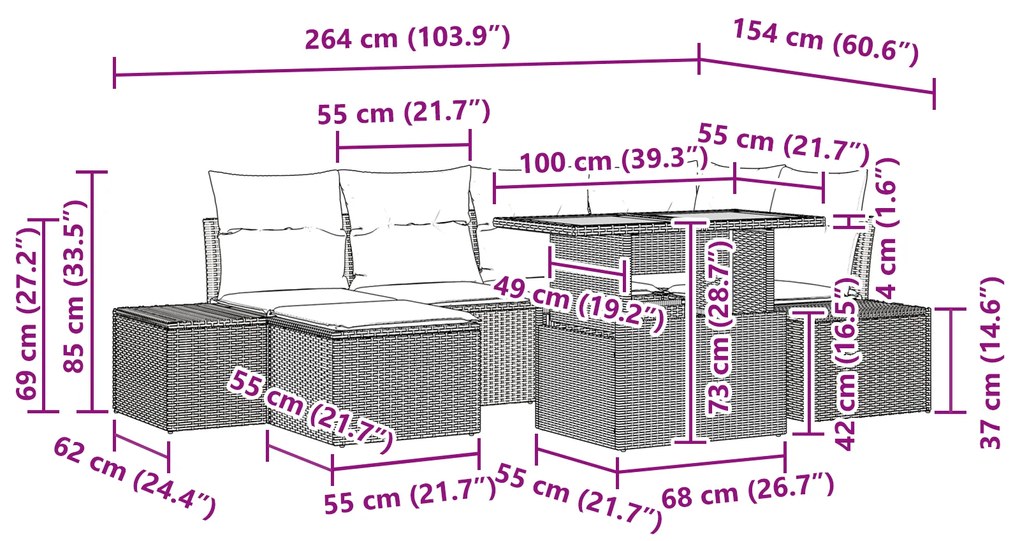 Conjunto de Jantar de Jardim de 7 Peças com Almofadas Bege em Rattan S