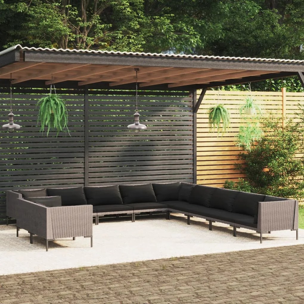 vidaXL 11 pcs conj. lounge jardim c/ almofadões vime PE cinza-escuro