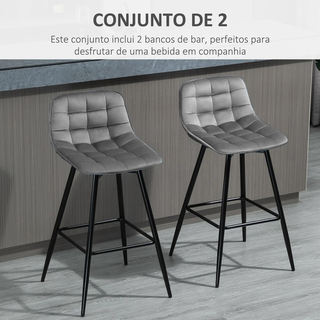 Conjunto de 2 Bancos de Bar com Encosto e Apoio para os Pés Bancos Altos Acolchoados de Estilo Nórdico 45x47x88 cm Cinza