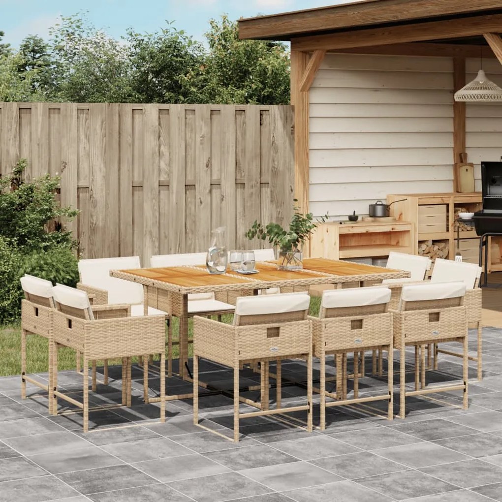 vidaXL 11 pcs conjunto de jantar p/ jardim com almofadões vime PE bege