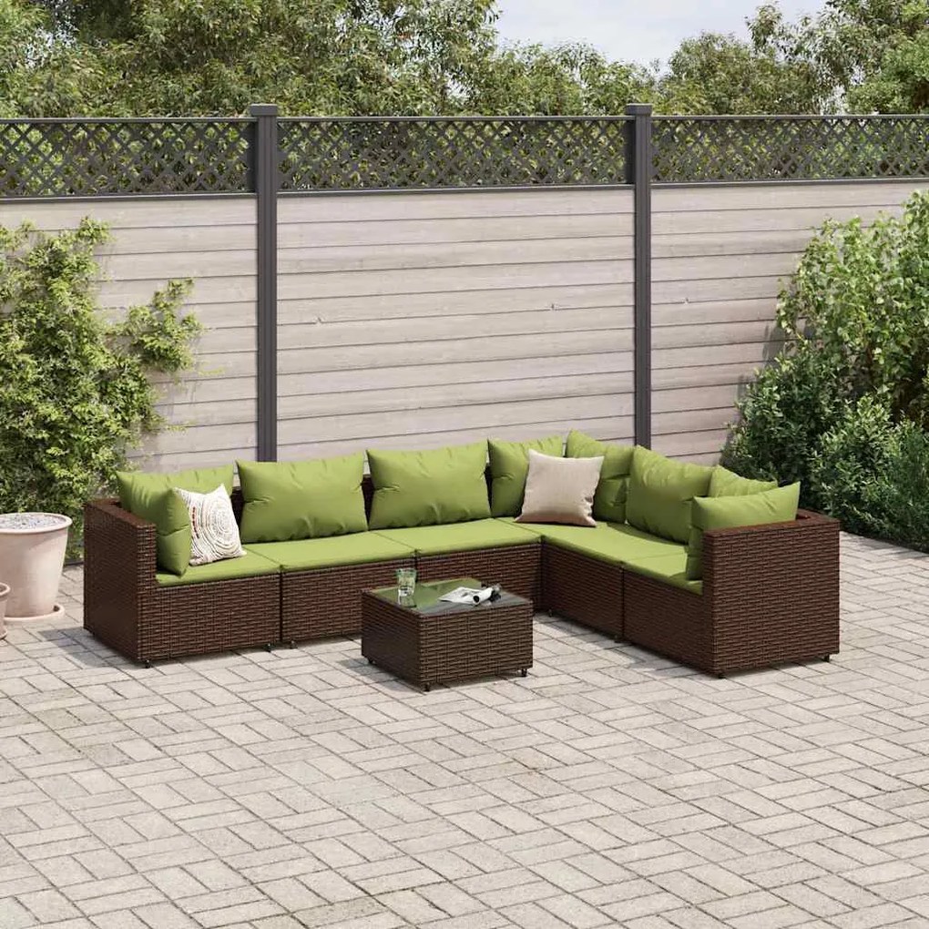 7 pcs conjunto lounge de jardim c/ almofadões vime PE castanho