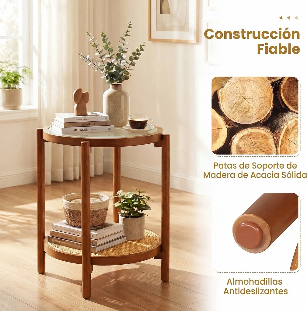 Mesa Auxiliar Redonda, Dois Níveis, 47,5 x 58 cm Castanho