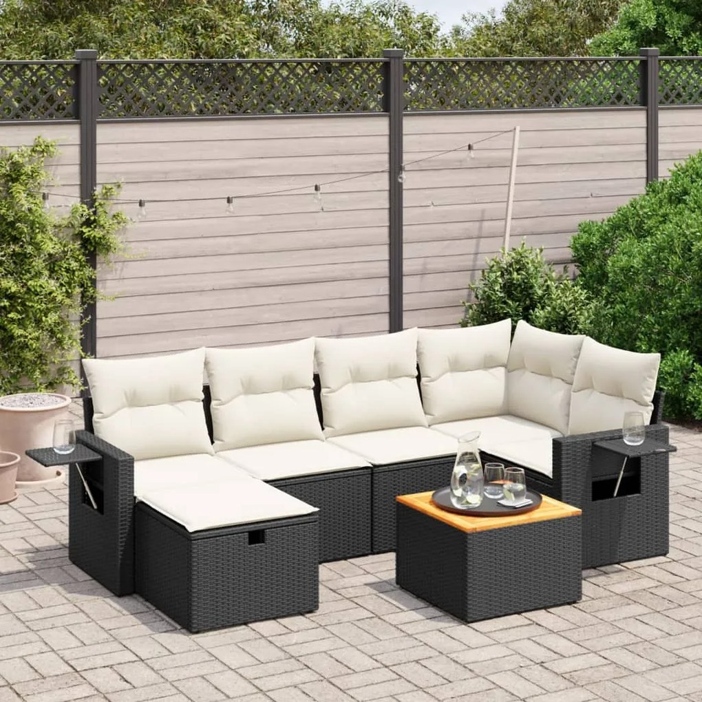 7 pcs conjunto de sofás p/ jardim c/ almofadões vime PE preto