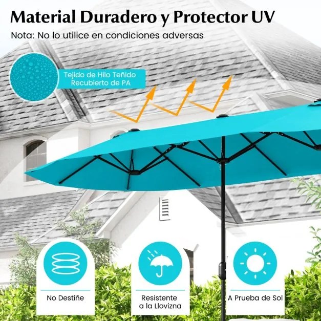 Guarda-sol duplo 400x200 cm jardim duplo para exterior com base recarregável, manivela e 12 varas de alta resistência Turquesa